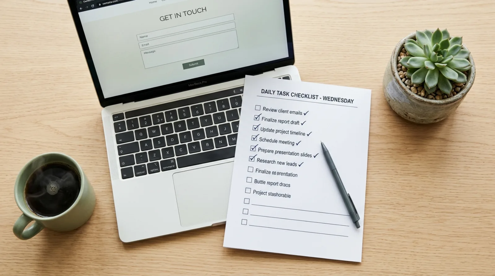 A desk with a printed checklist beside a laptop displaying a real estate website contact form