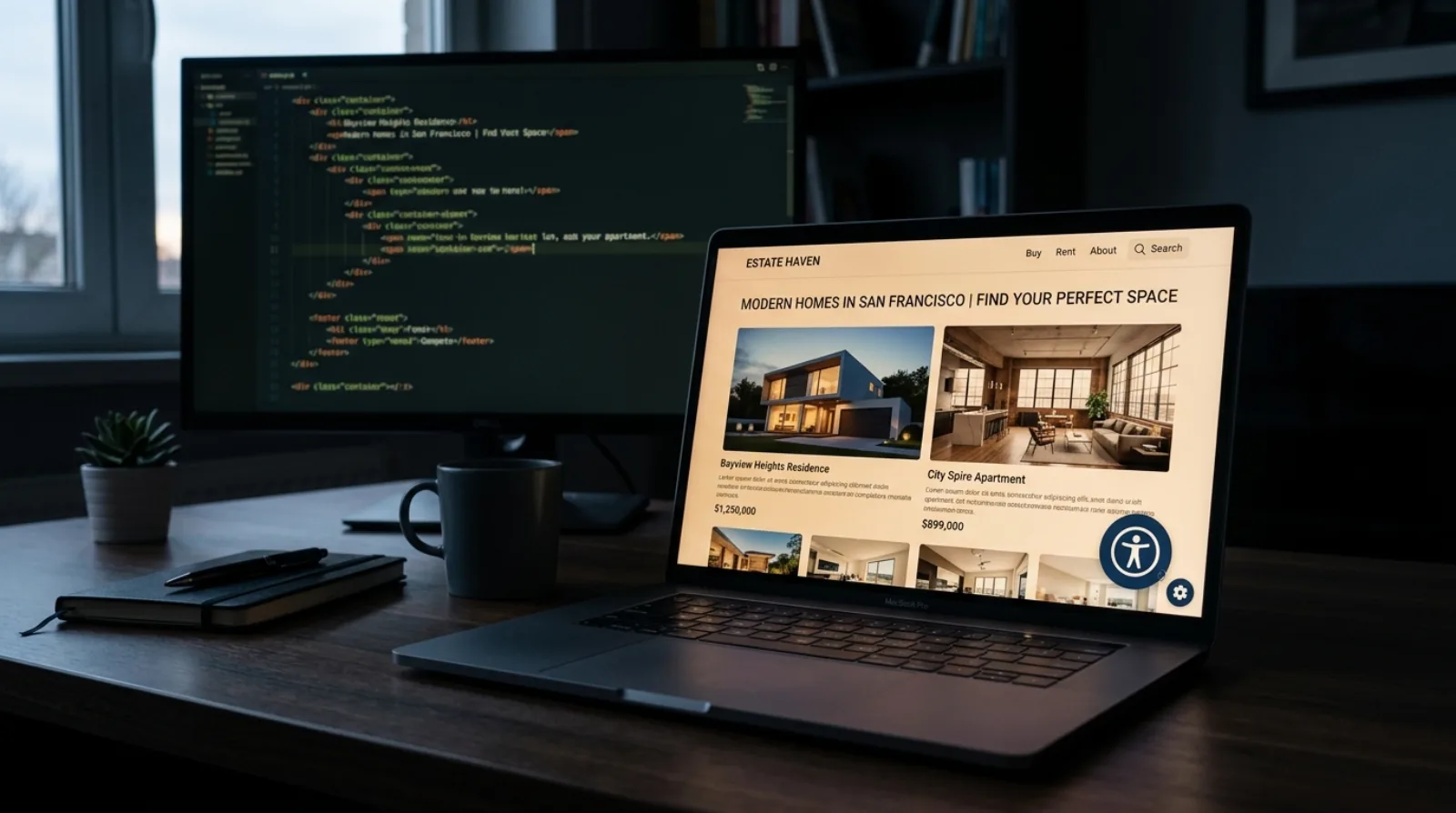 A website accessibility toolbar icon overlaid on a real estate page with underlying code visible behind it