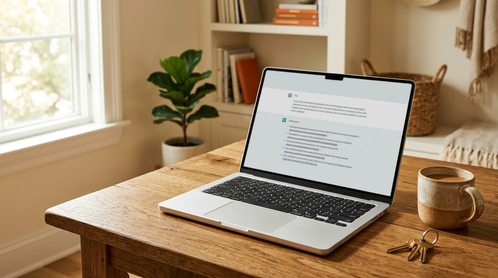 A laptop on a desk showing an AI assistant answering a question about local real estate agents