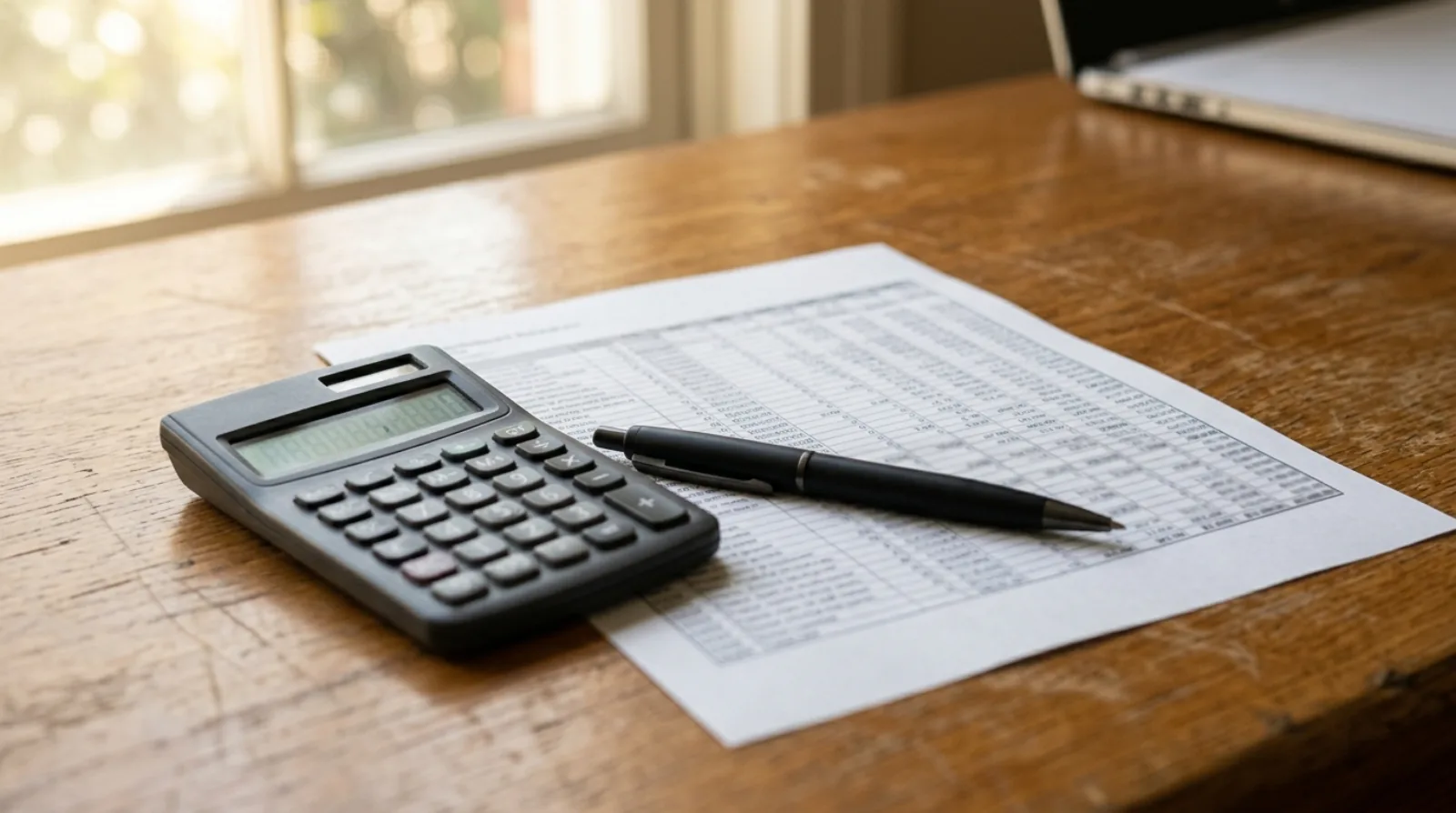 A calculator and a printed spreadsheet showing cost per lead figures on a desk