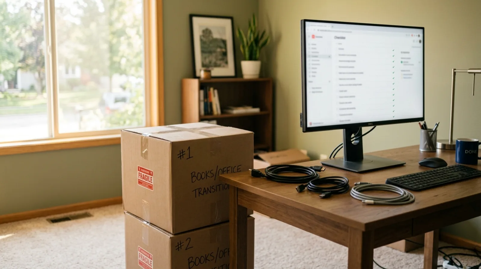 Moving boxes beside a desktop computer showing a website migration checklist on screen