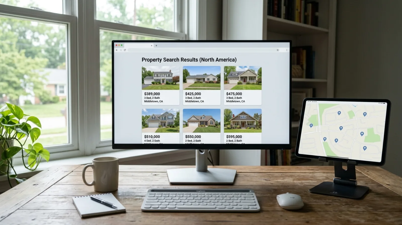 A property search results page on a laptop beside a smartphone showing an interactive map view