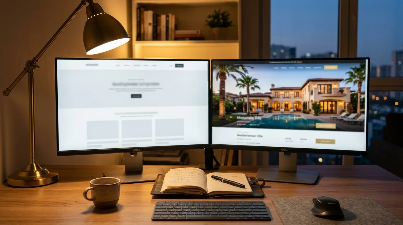 A person's workspace with two monitors comparing a simple and an elaborate real estate website design