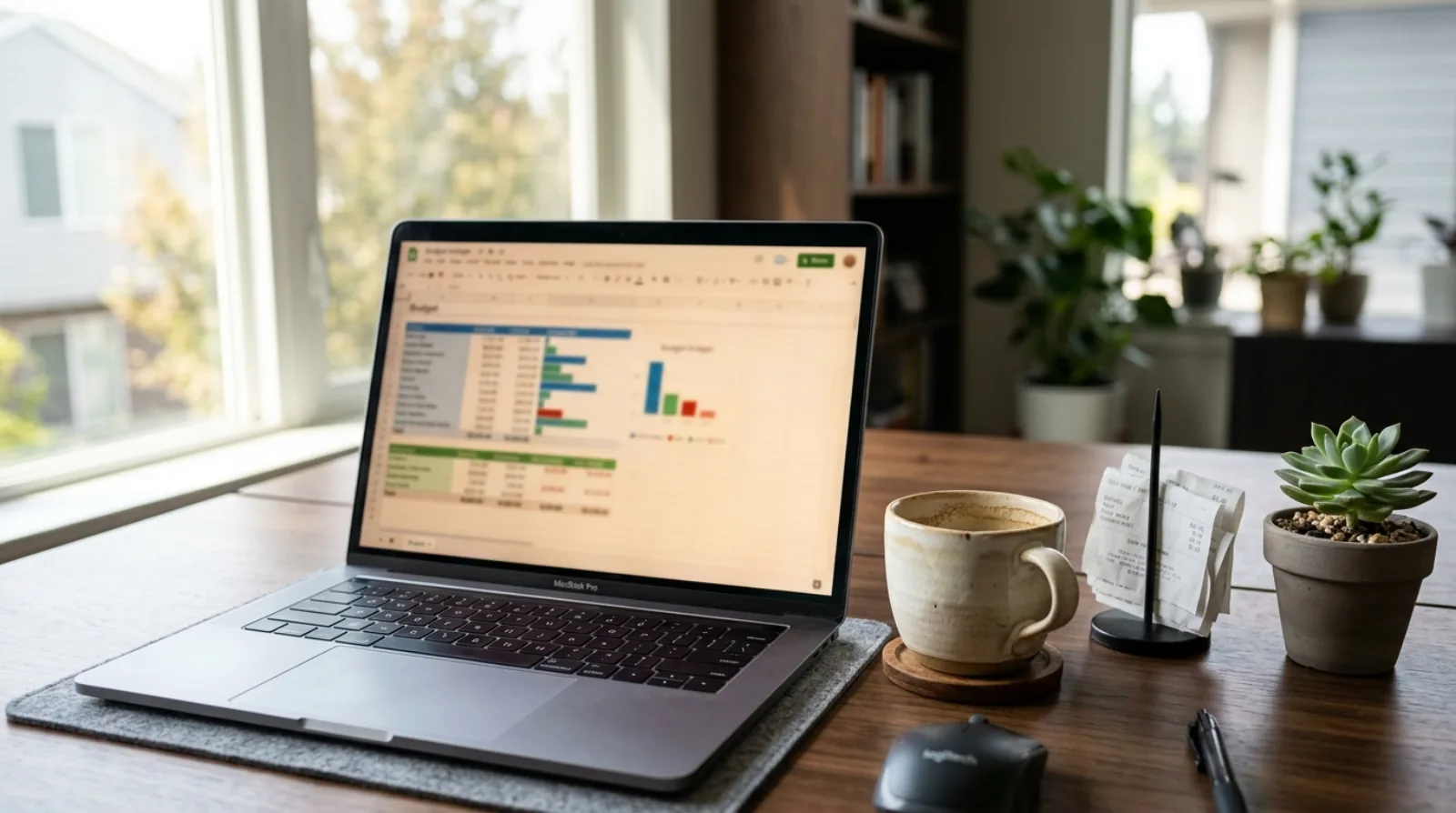 A monthly budget spreadsheet on a laptop screen next to a coffee cup and a stack of receipts