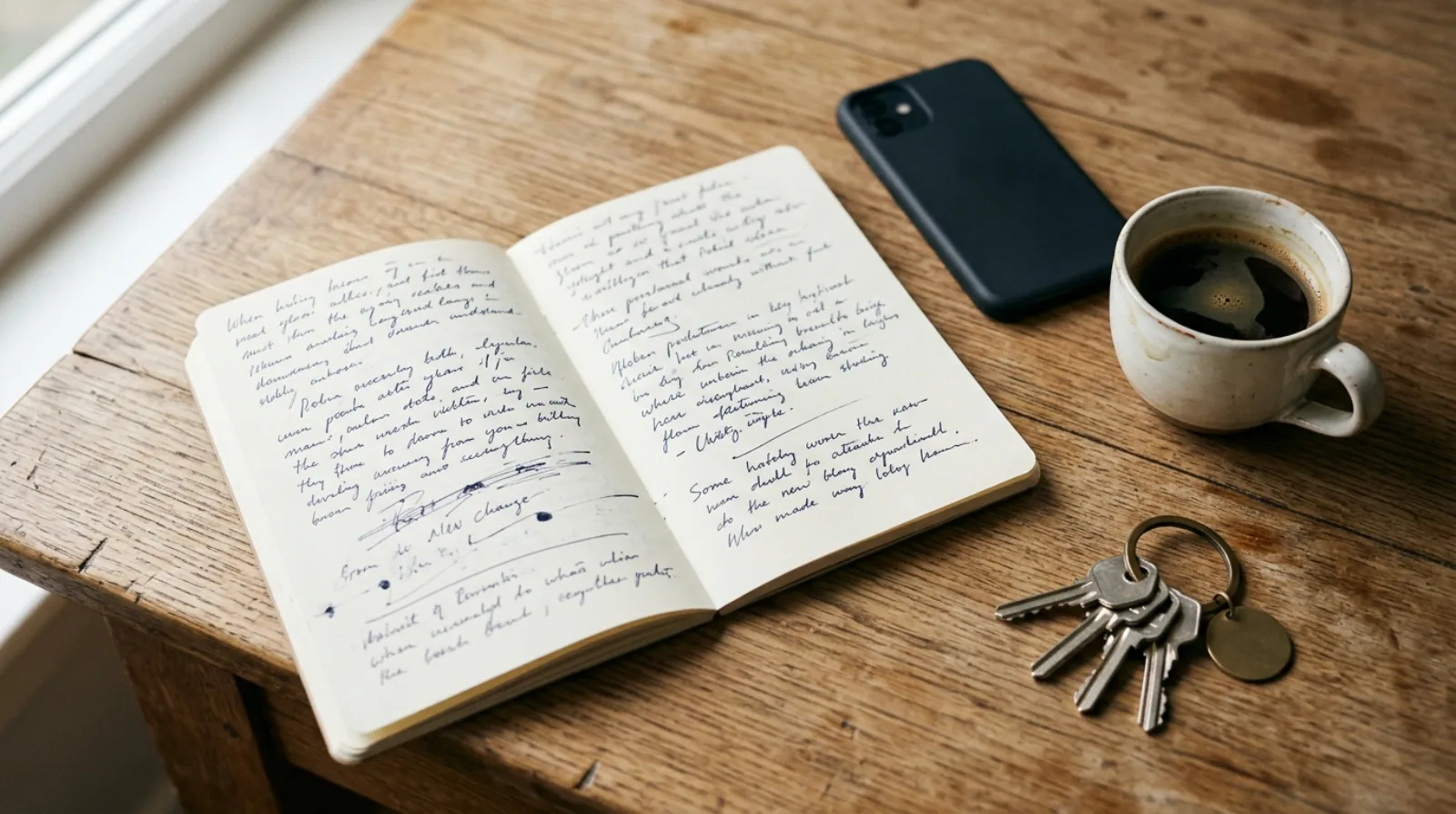 A desk with a notebook, phone and laptop showing a real estate agent's contact list