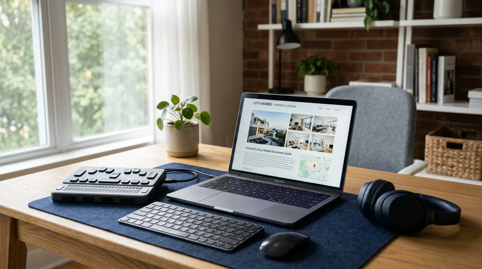 A person using a screen reader and keyboard to navigate a real estate listing page on a laptop