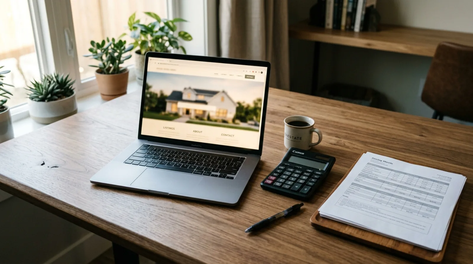 A desk with a calculator, printed website pricing sheets, and a laptop showing a real estate website