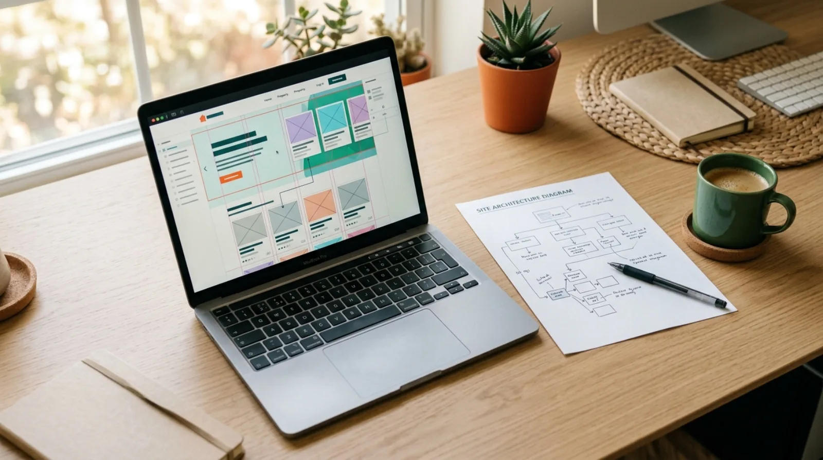 A desk with a laptop showing a real estate website being rebuilt alongside a printed site plan