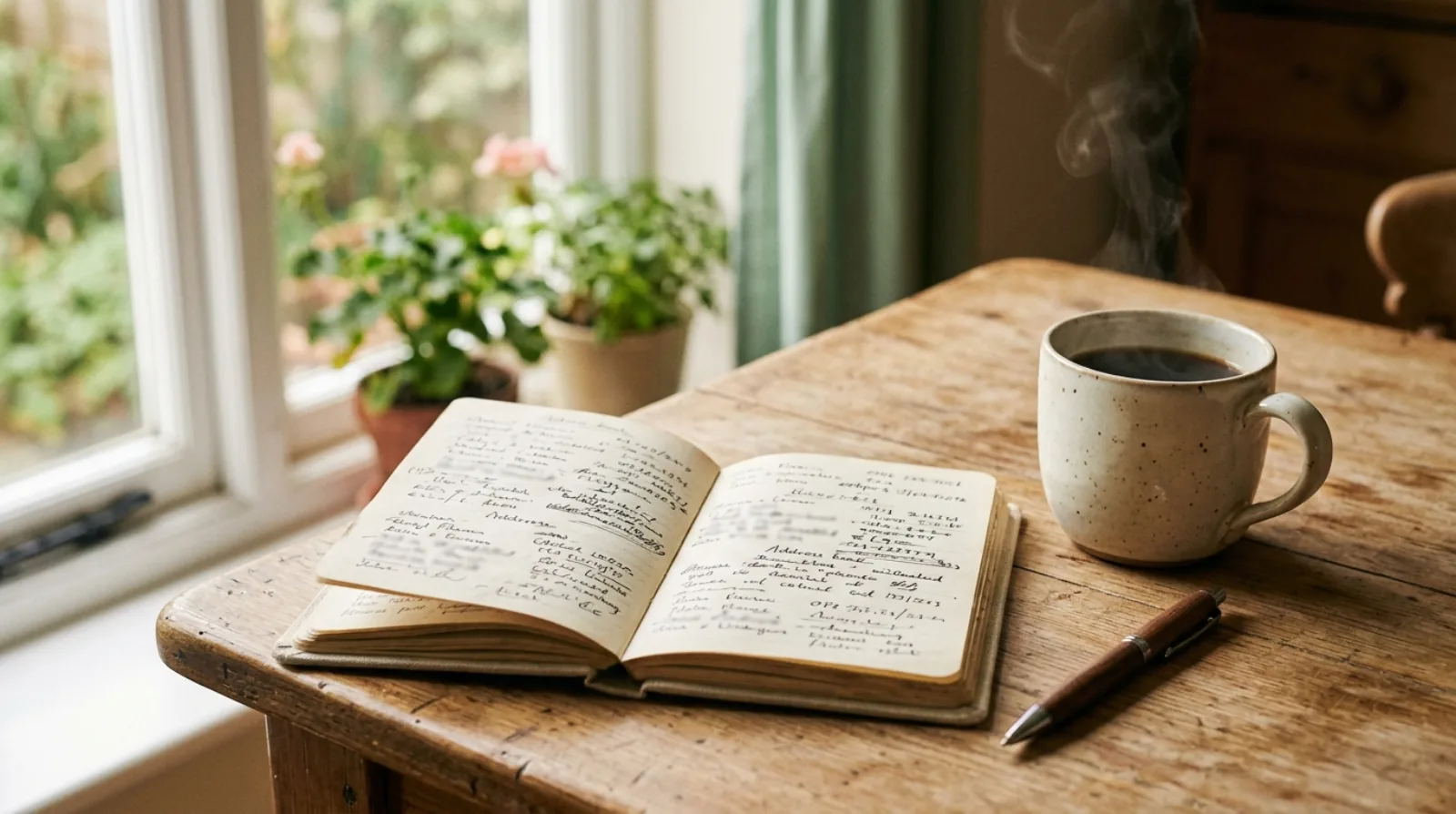 A handwritten contact list and a coffee cup on a table beside a phone