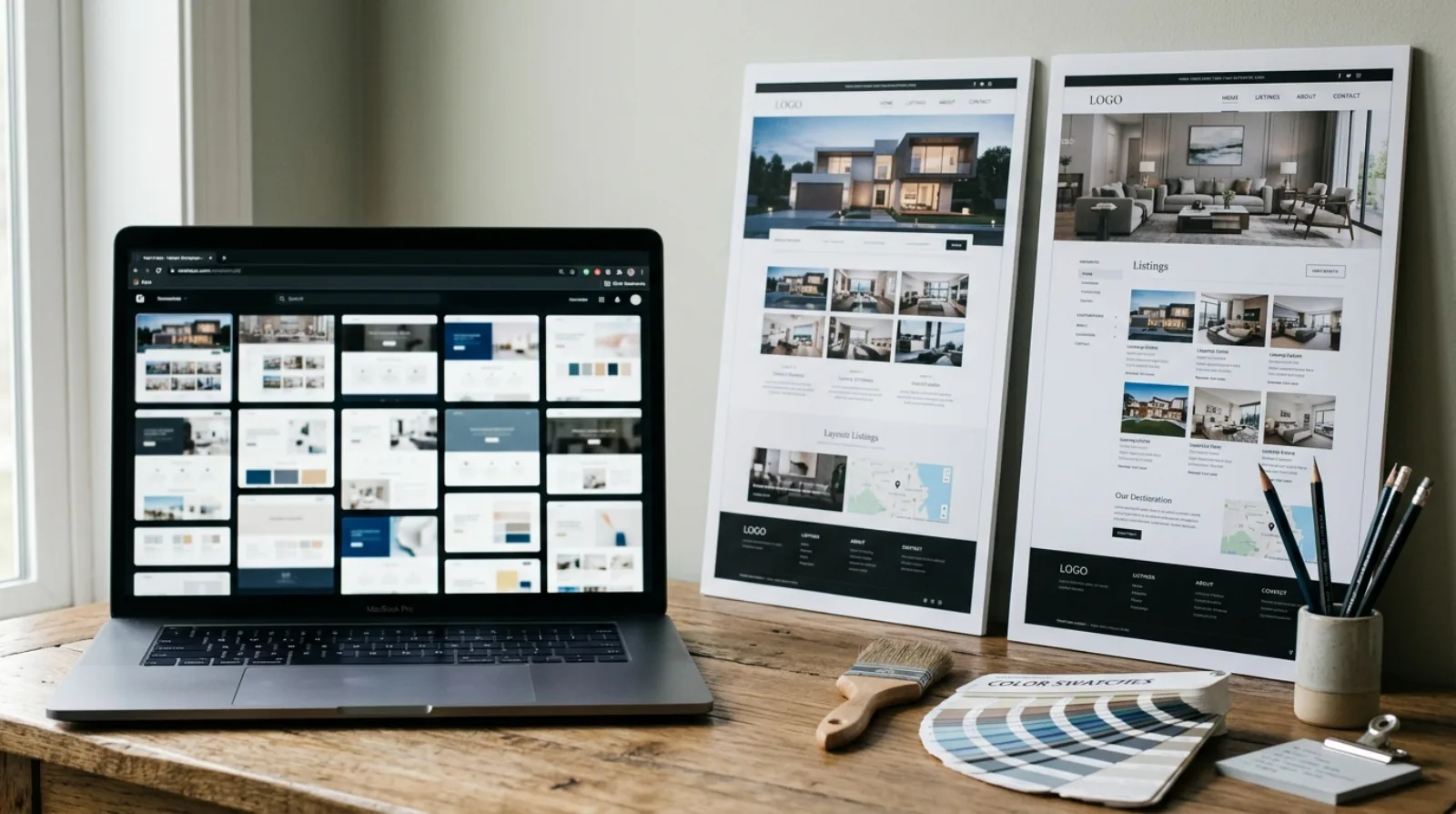 A split desk scene with a laptop showing website templates on one side and printed design mockups on the other