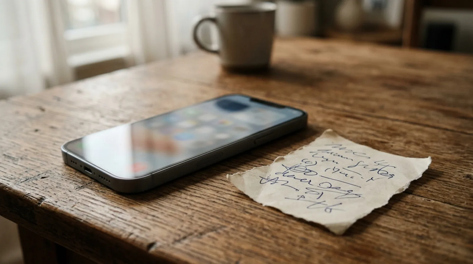 A phone showing a search result for a real estate agent held beside a handwritten name on paper