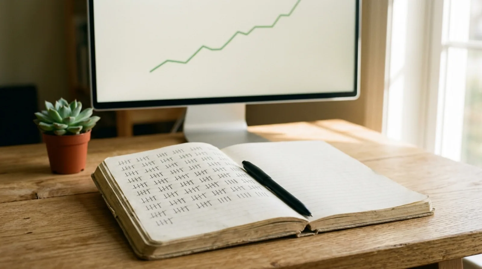 An analytics dashboard beside a notebook recording AI assistant test results