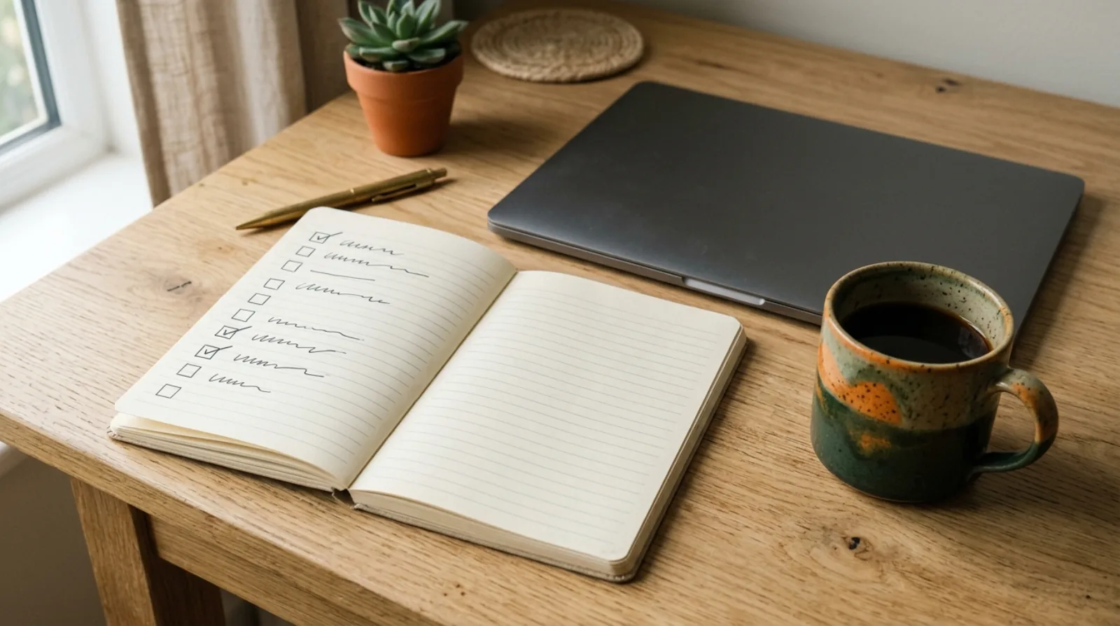 A notebook listing website problems next to a laptop showing a newly rebuilt site