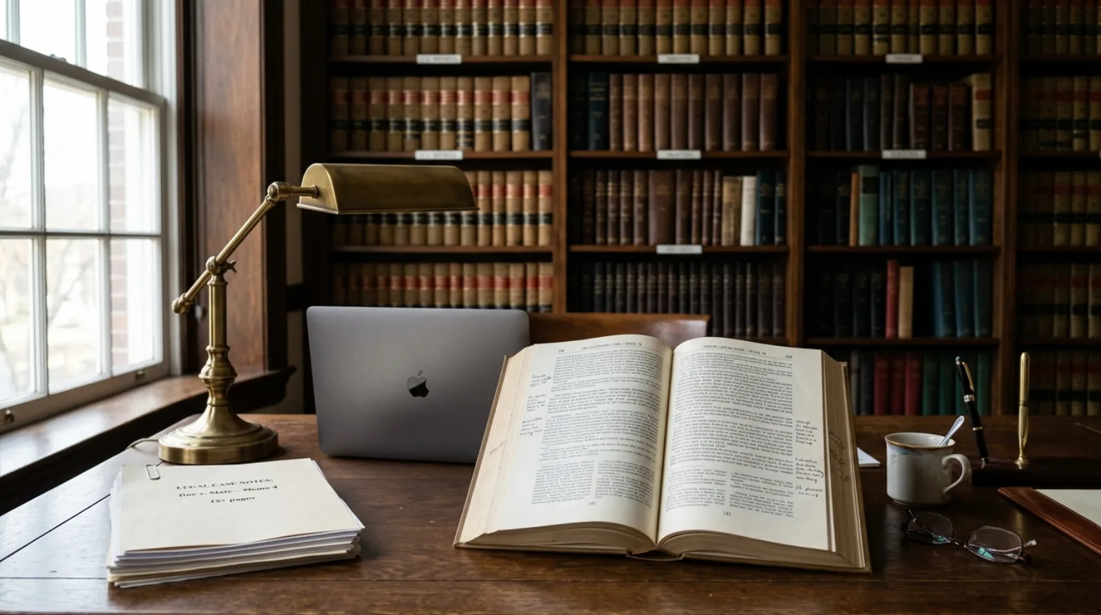 A law library desk with an open statute book beside a laptop showing a real estate website