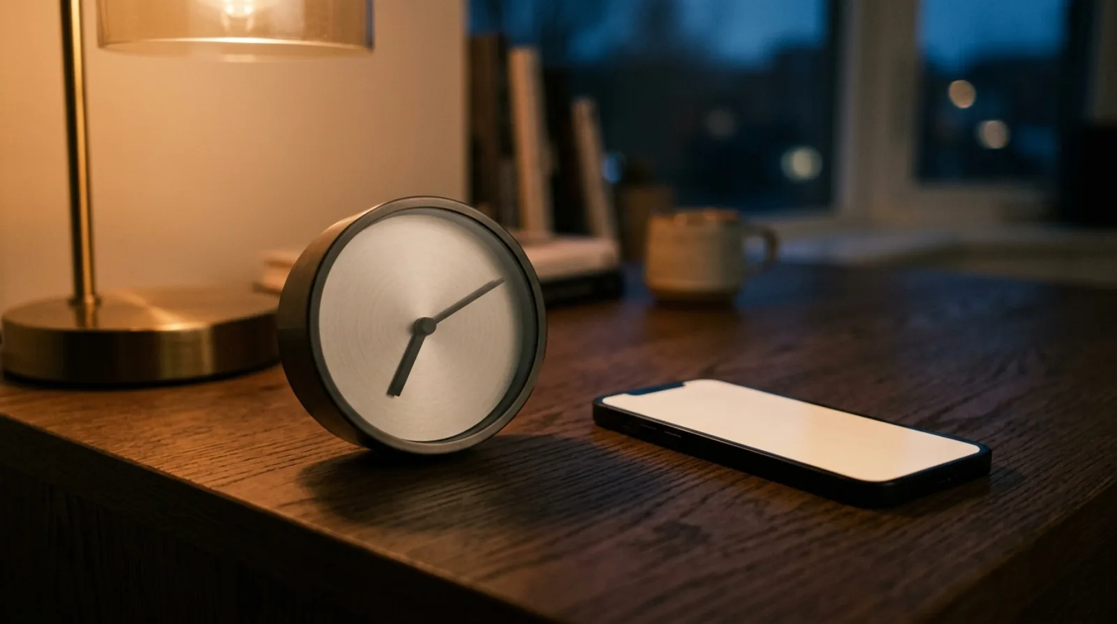 A phone showing an incoming enquiry notification beside a clock on a desk