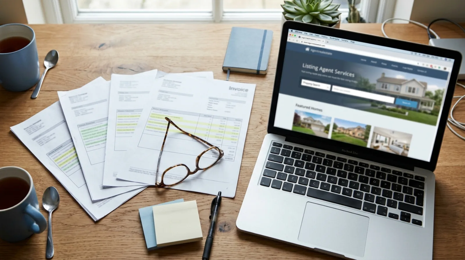 Printed website invoice line items spread on a desk beside a laptop showing an agent website