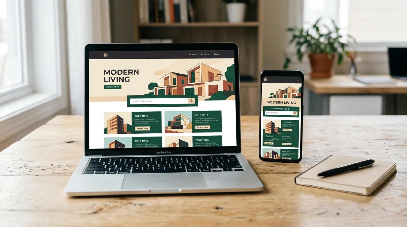 A real estate agent reviewing their current website on a laptop and a phone side by side