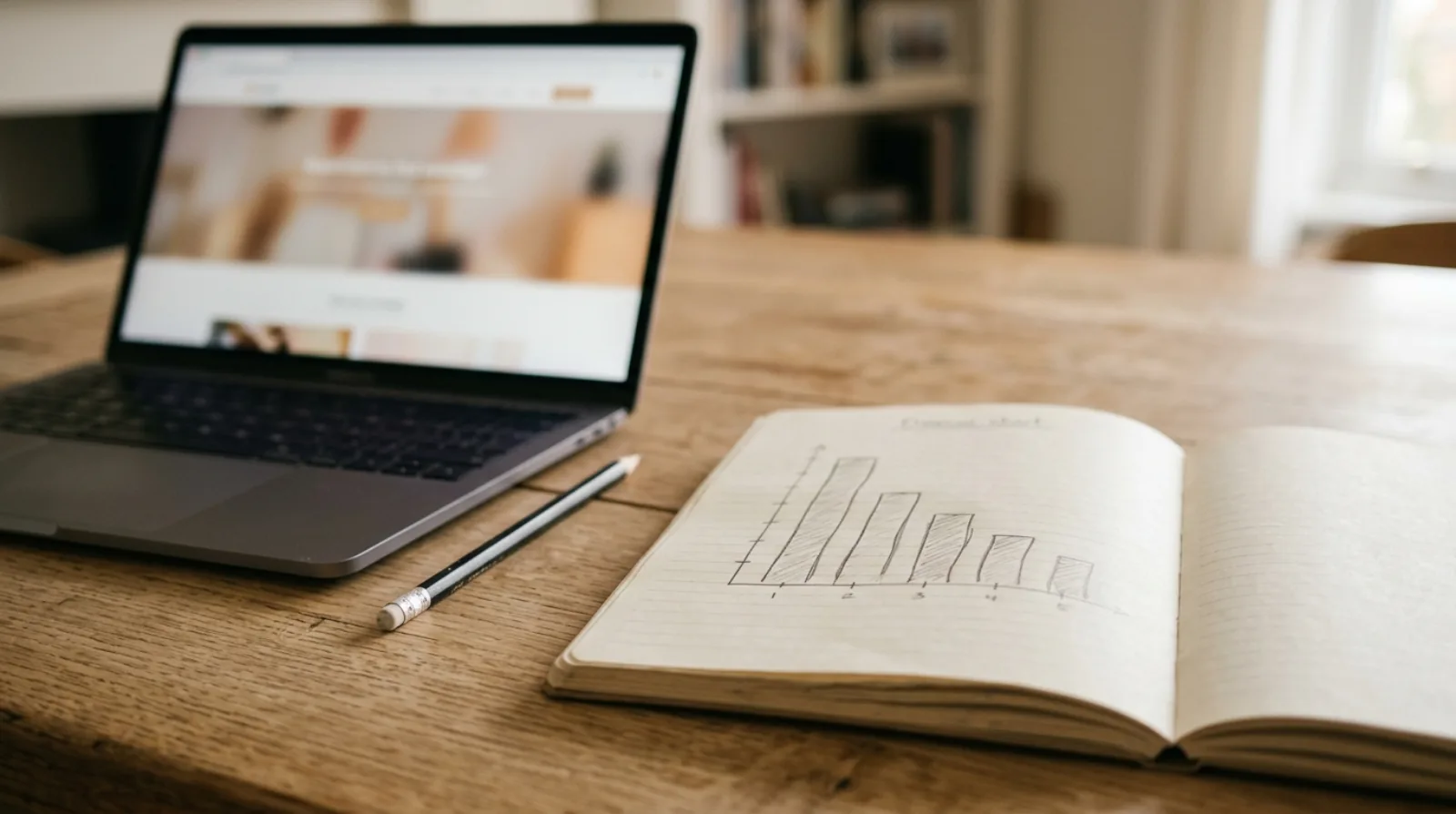 A notebook page listing referral sources beside a laptop showing a real estate website